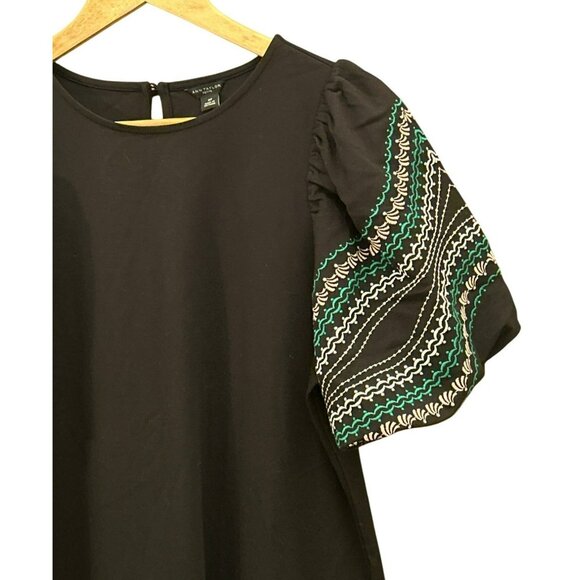 Ann Taylor Black Dress With Embroidered Sleeves M Petite Casual Relaxed NWT - Picture 2 of 7